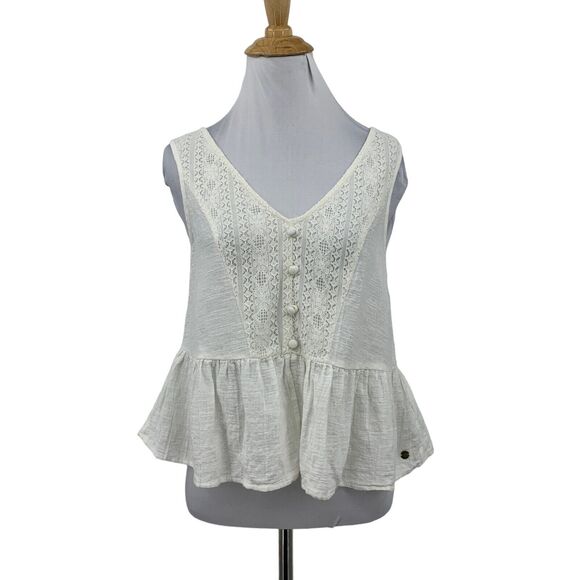Roxy First and Only Tank Top Womens S White Lightweight Cotton Gauze Peplum Hem - Picture 1 of 13